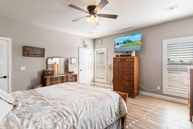 bedroom featuring light hardwood / wood-style floors and ceiling fan