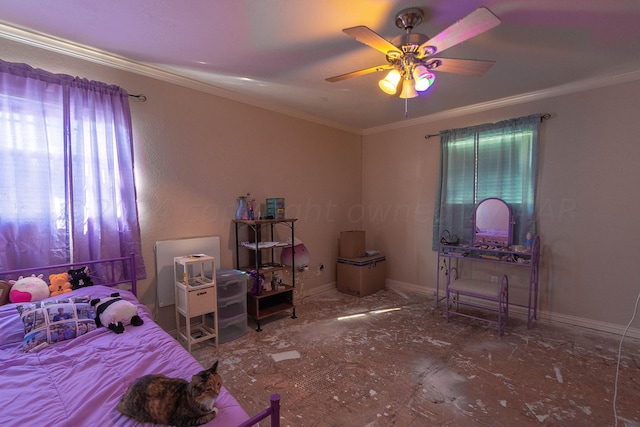 bedroom with ceiling fan and crown molding