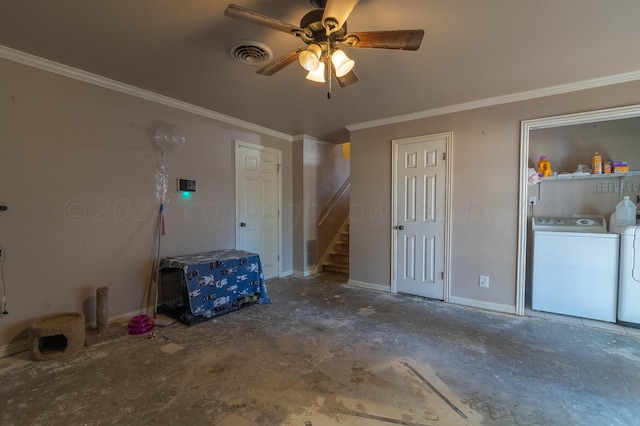 interior space featuring ceiling fan and separate washer and dryer