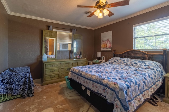 carpeted bedroom with ceiling fan, a textured ceiling, cooling unit, and ornamental molding