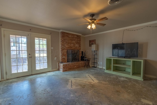 unfurnished living room with a fireplace, ceiling fan, french doors, and ornamental molding