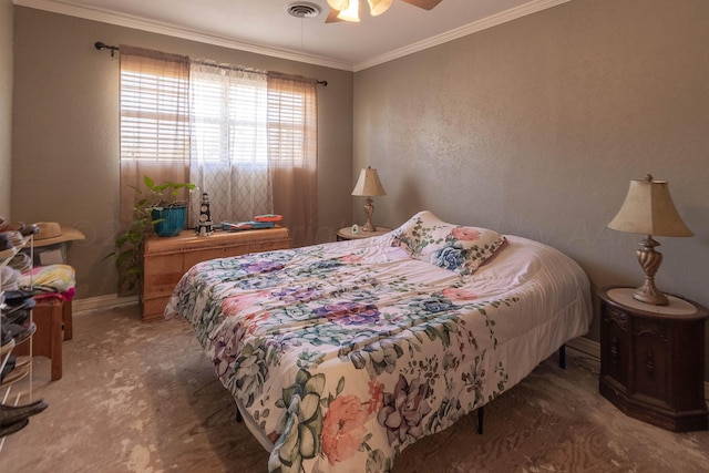 bedroom with ceiling fan and crown molding