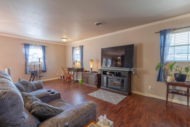 living room featuring dark hardwood / wood-style floors and ornamental molding