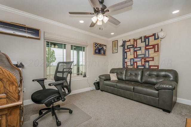 office space with crown molding, carpet floors, and ceiling fan