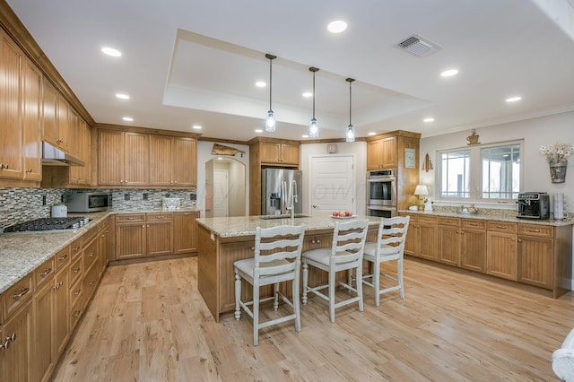 kitchen with a breakfast bar area, stainless steel appliances, light hardwood / wood-style flooring, a tray ceiling, and a center island with sink