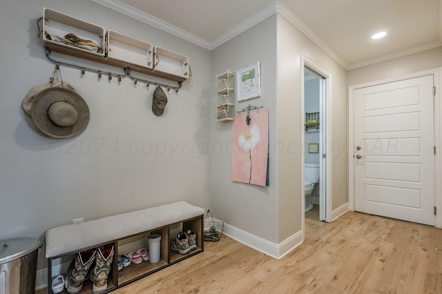 mudroom featuring light wood-type flooring and ornamental molding