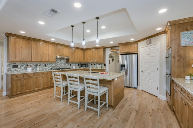 kitchen featuring stainless steel appliances, light hardwood / wood-style flooring, and a tray ceiling