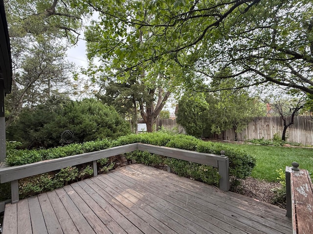 deck featuring a lawn and a fenced backyard