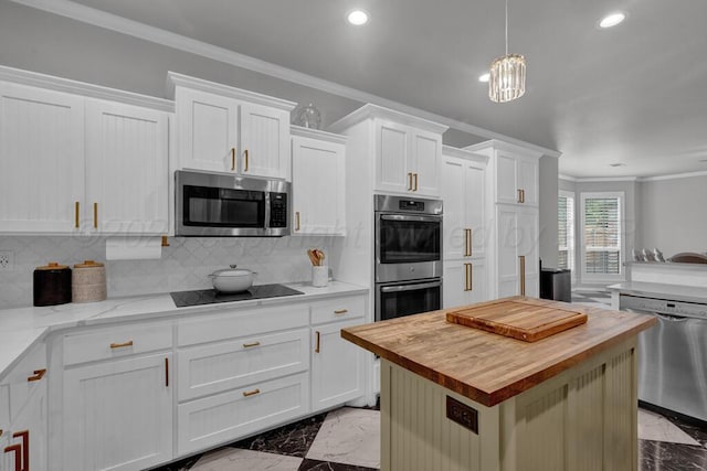 6007 Riley Elizabeth Dr, Amarillo, TX 79119 - kitchen featuring stainless steel appliances, recessed lighting, wooden counters, and marble finish floor