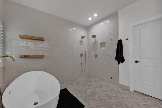 6007 Riley Elizabeth Dr, Amarillo, TX 79119 - bathroom featuring walk in shower, a freestanding bath, a sink, and recessed lighting