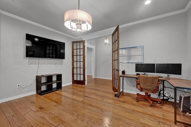 6007 Riley Elizabeth Dr, Amarillo, TX 79119 - office featuring baseboards, ornamental molding, french doors, and wood finished floors