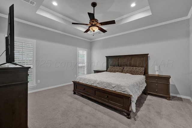 6007 Riley Elizabeth Dr, Amarillo, TX 79119 - bedroom featuring visible vents, light carpet, baseboards, recessed lighting, and a raised ceiling