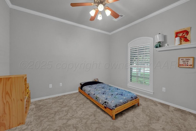 6007 Riley Elizabeth Dr, Amarillo, TX 79119 - carpeted bedroom featuring baseboards, ornamental molding, and a ceiling fan