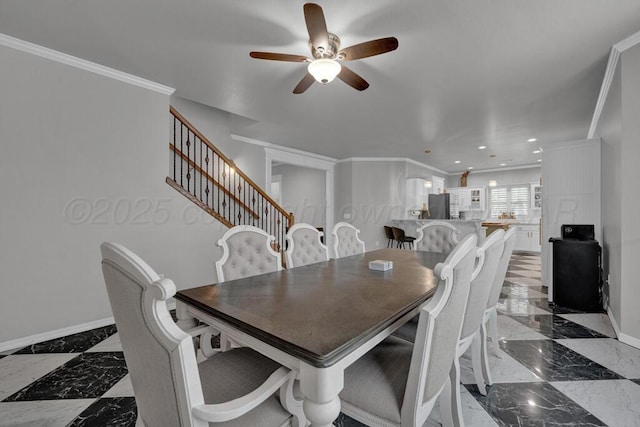 6007 Riley Elizabeth Dr, Amarillo, TX 79119 - dining space featuring crown molding, a ceiling fan, baseboards, and marble finish floor