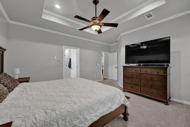 6007 Riley Elizabeth Dr, Amarillo, TX 79119 - bedroom with light colored carpet, baseboards, a tray ceiling, visible vents, and ornamental molding