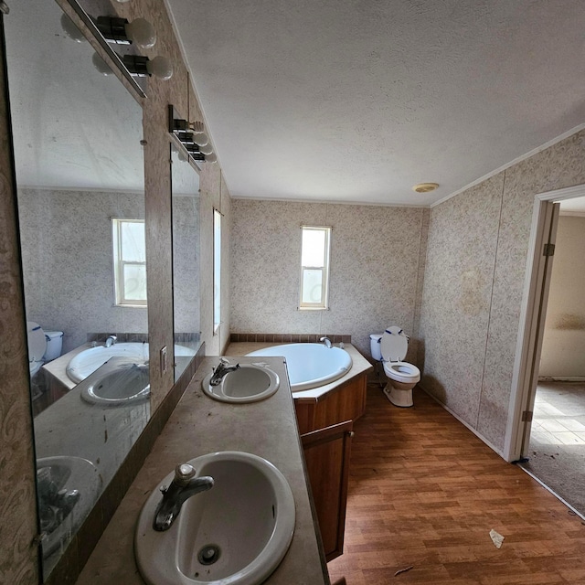 bathroom with a bathtub, ornamental molding, vanity, wood-type flooring, and toilet