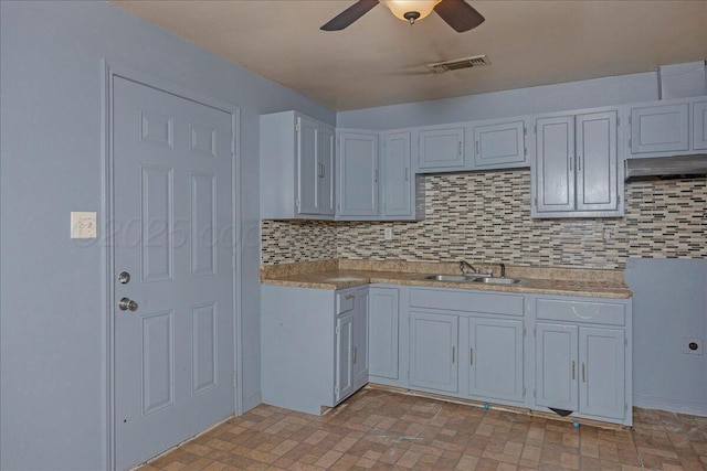 507 N Taylor St, Amarillo, TX 79107 - kitchen with a ceiling fan, backsplash, light countertops, and brick patterned floors