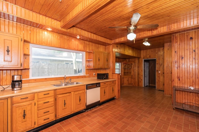 1600 S Hughes St, Amarillo, TX 79102 - kitchen featuring white dishwasher, a sink, wood ceiling, black microwave, and brick patterned flooring