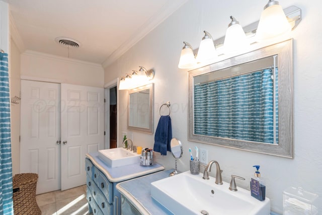 full bath featuring visible vents, ornamental molding, tile patterned flooring, and vanity