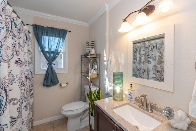 bathroom featuring crown molding, a shower with shower curtain, toilet, vanity, and tile patterned floors