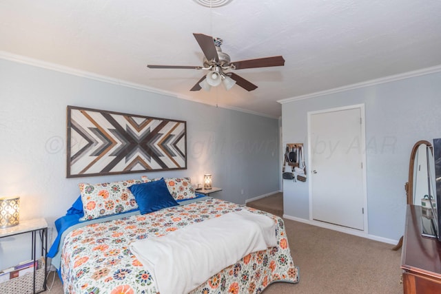 bedroom with crown molding, baseboards, ceiling fan, and carpet flooring