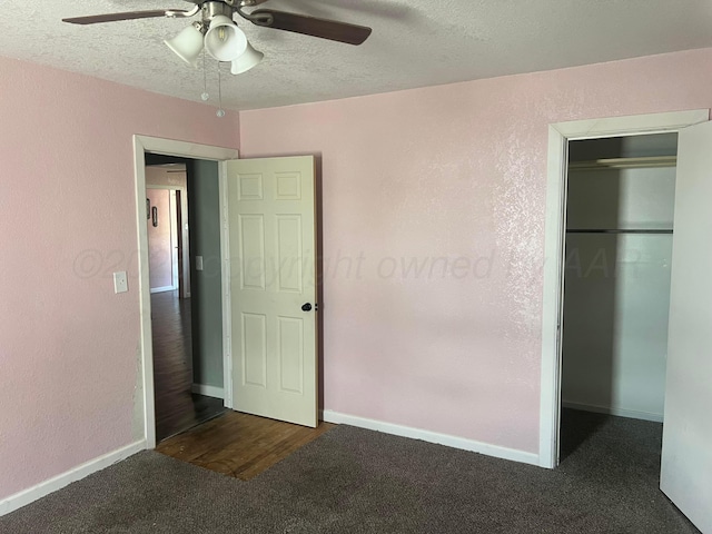 104 Peiffer St, Borger, TX 79007 - unfurnished bedroom with a closet, a textured ceiling, carpet floors, a ceiling fan, and baseboards