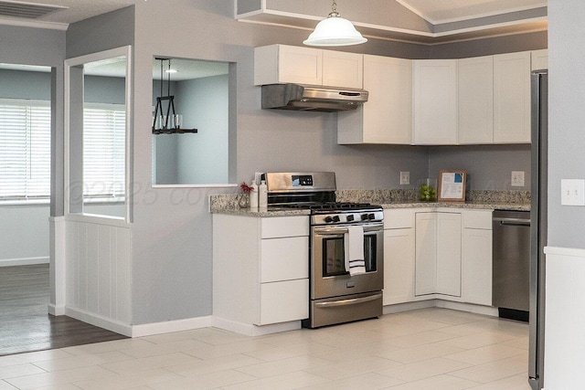 1301 Clyde St, Amarillo, TX 79106 - kitchen featuring stainless steel appliances, under cabinet range hood, white cabinets, and light stone counters