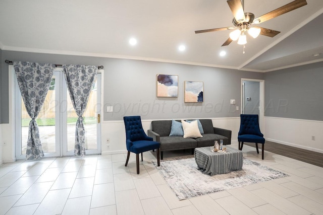 1301 Clyde St, Amarillo, TX 79106 - living area with crown molding, ceiling fan, lofted ceiling, and recessed lighting
