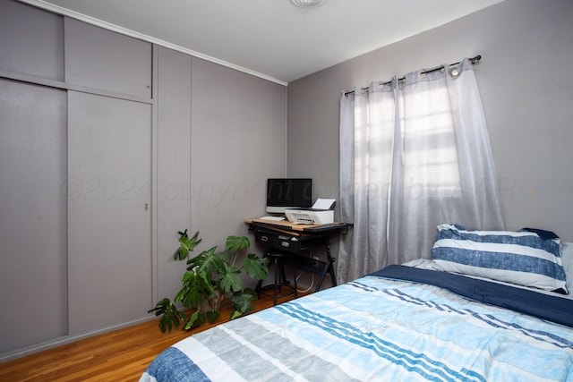 bedroom with hardwood / wood-style floors and a closet