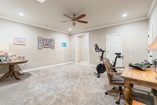 5504 Wesley Dr, Amarillo, TX 79119 - home office with a ceiling fan, carpet floors, recessed lighting, and crown molding