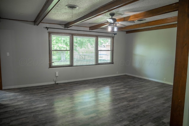 301 Maple Ave, Panhandle, TX 79068 - unfurnished room with a ceiling fan, beam ceiling, a textured ceiling, and dark wood-style floors