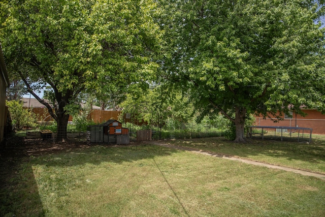 301 Maple Ave, Panhandle, TX 79068 - fenced backyard featuring a trampoline and a storage shed