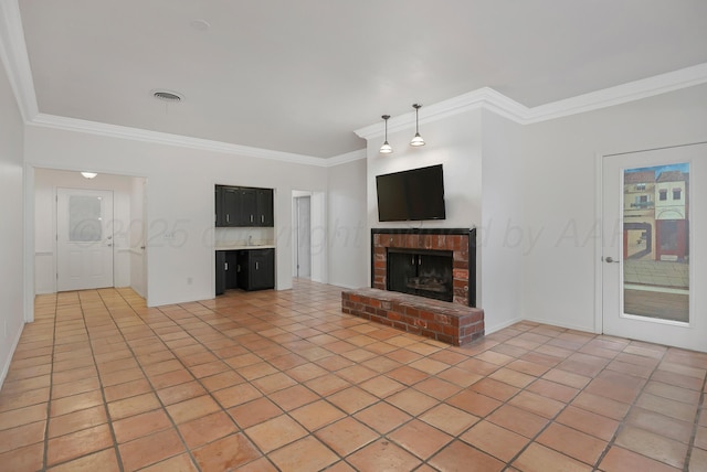 3422 Gladstone Ln, Amarillo, TX 79121 - unfurnished living room featuring crown molding, a fireplace, a sink, and light tile patterned floors