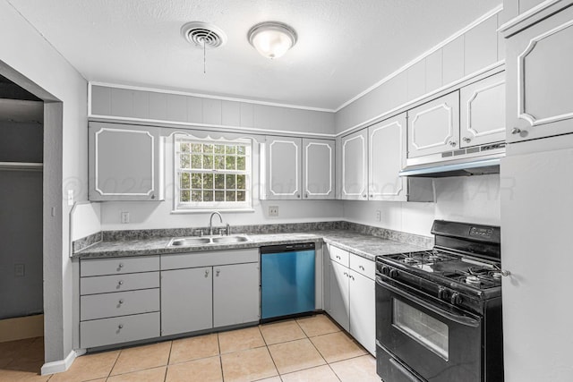 3302 Sequoia St, Amarillo, TX 79107 - kitchen with black gas range, dishwasher, under cabinet range hood, dark countertops, and light tile patterned flooring