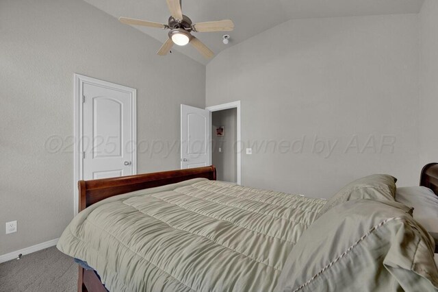 6414 Persimmon Ln, Amarillo, TX 79124 - bedroom featuring vaulted ceiling, carpet floors, baseboards, and ceiling fan
