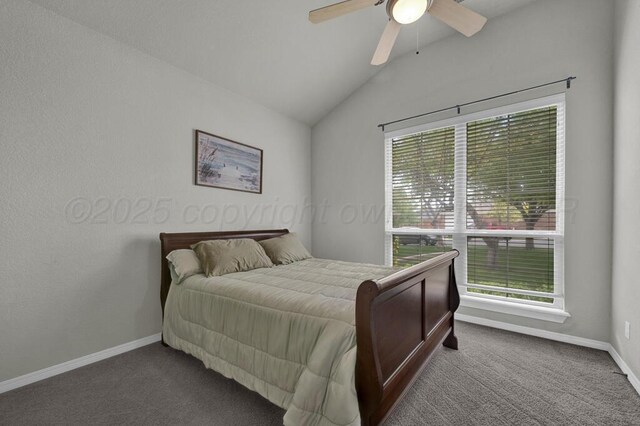 6414 Persimmon Ln, Amarillo, TX 79124 - carpeted bedroom featuring multiple windows, vaulted ceiling, baseboards, and a ceiling fan