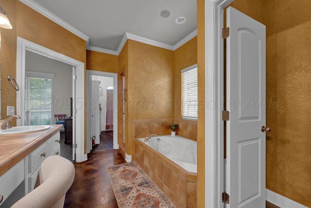 6414 Persimmon Ln, Amarillo, TX 79124 - bathroom featuring a bath, ornamental molding, vanity, baseboards, and finished concrete floors