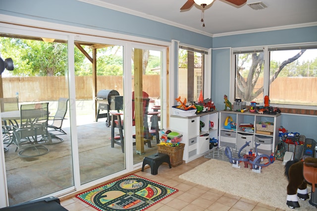 interior space featuring ceiling fan