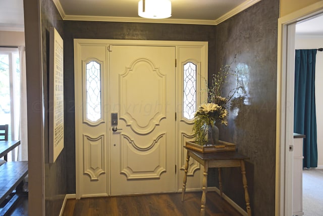 entryway featuring dark hardwood / wood-style floors and crown molding