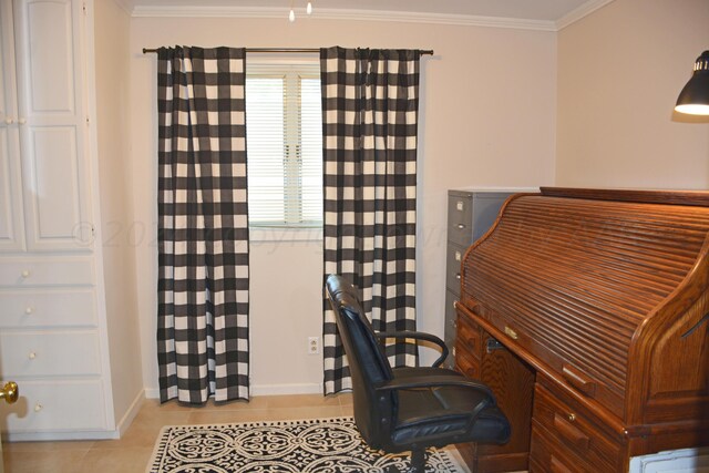 home office featuring light tile patterned flooring and ornamental molding