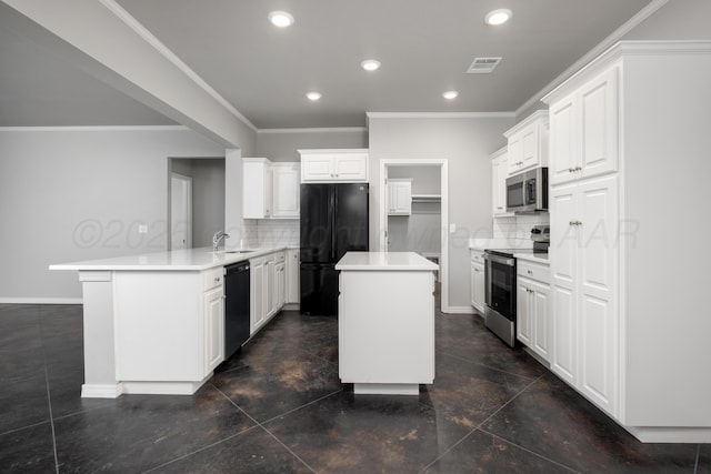 7602 Castleman Rd, Amarillo, TX 79119 - kitchen with black appliances, a peninsula, a center island, backsplash, and ornamental molding
