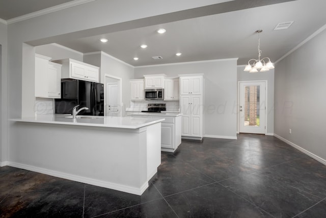 7602 Castleman Rd, Amarillo, TX 79119 - kitchen featuring black refrigerator with ice dispenser, stainless steel microwave, electric range oven, crown molding, and tasteful backsplash