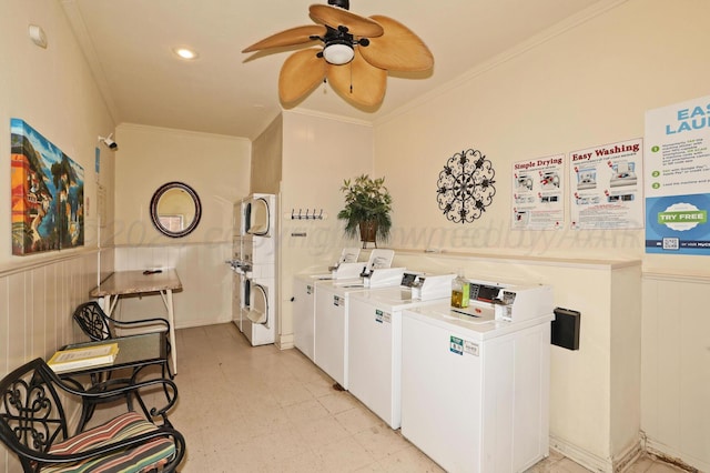 shared laundry area with ornamental molding, wainscoting, light floors, and a ceiling fan