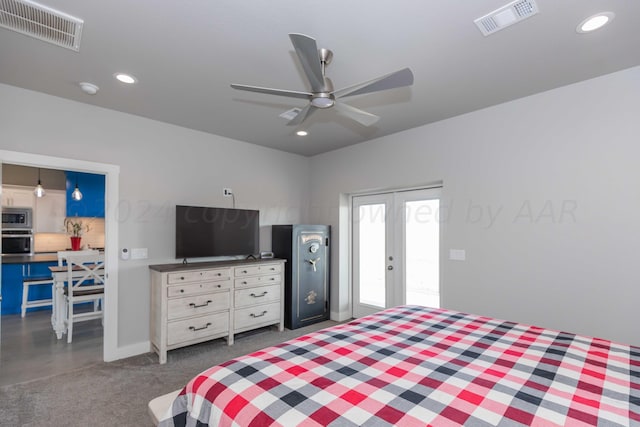 bedroom featuring french doors and ceiling fan