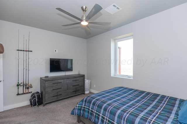 carpeted bedroom featuring ceiling fan