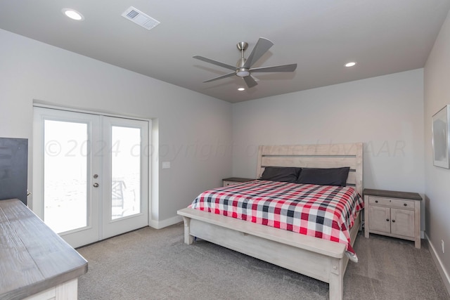 carpeted bedroom featuring access to exterior, french doors, and ceiling fan