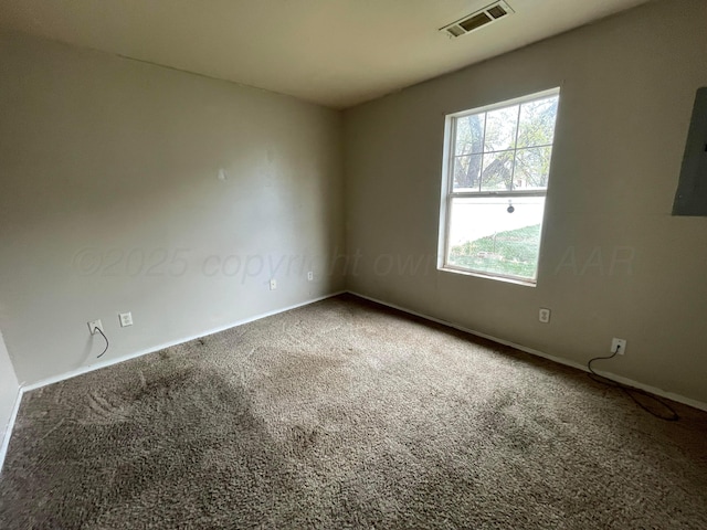 spare room featuring visible vents and carpet flooring