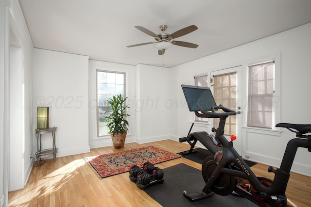 2402 S Hayden St, Amarillo, TX 79109 - exercise area with a ceiling fan and wood finished floors