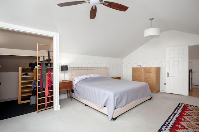 2402 S Hayden St, Amarillo, TX 79109 - bedroom featuring a spacious closet, carpet floors, lofted ceiling, a closet, and a ceiling fan