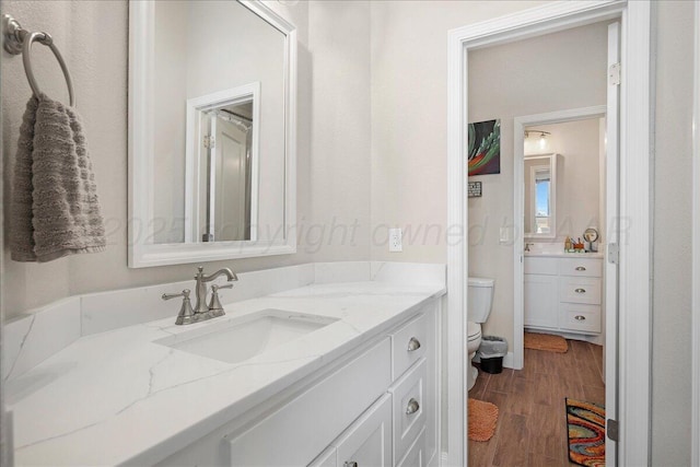 bathroom with wood finished floors, toilet, and vanity